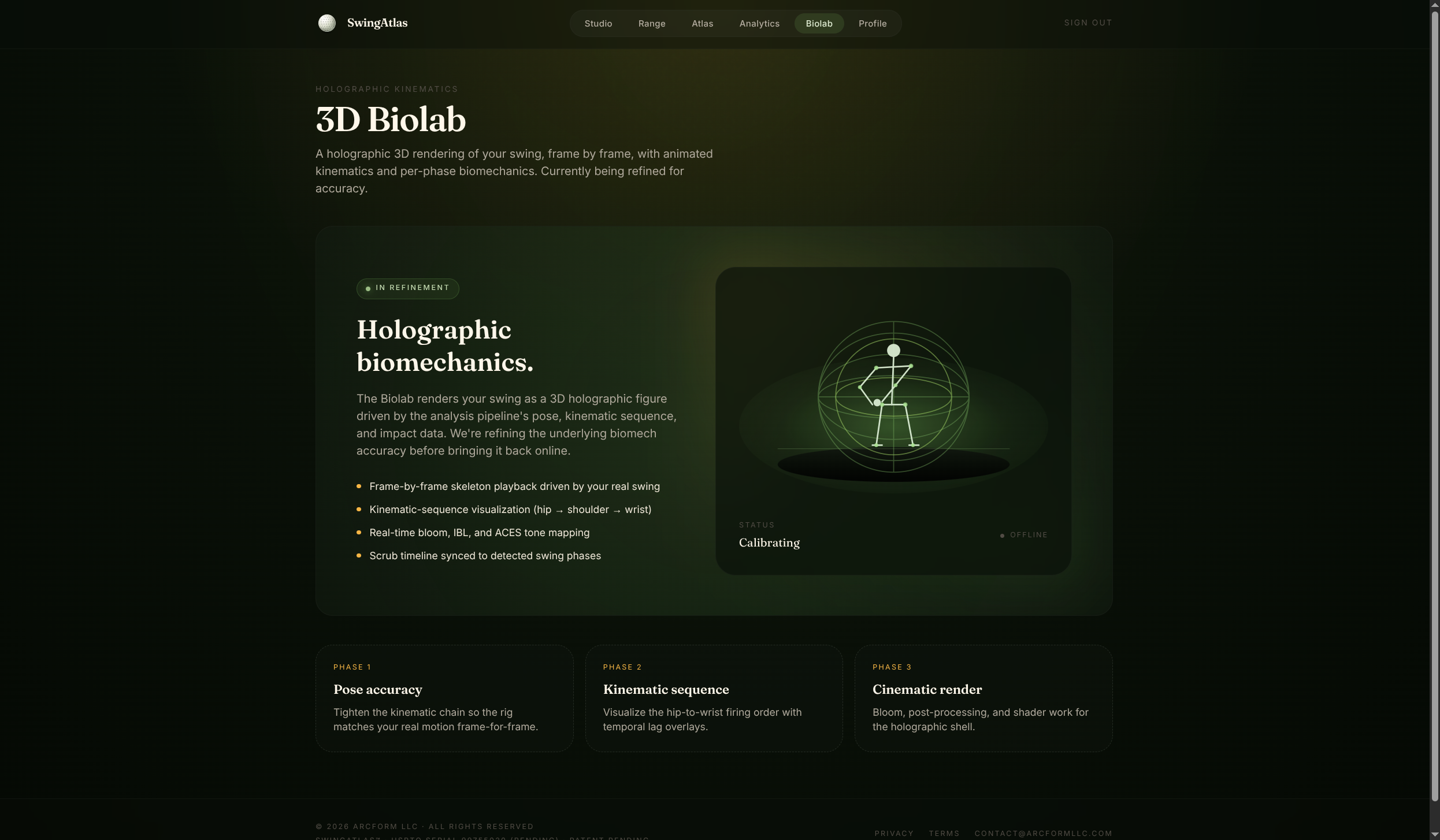 SwingAtlas 3D Biolab — holographic skeleton render of your swing